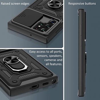 5in1 smūgiams atsparus dėklas su žiedu ir kameros apsauga - juodas (Samsung S22 Ultra)